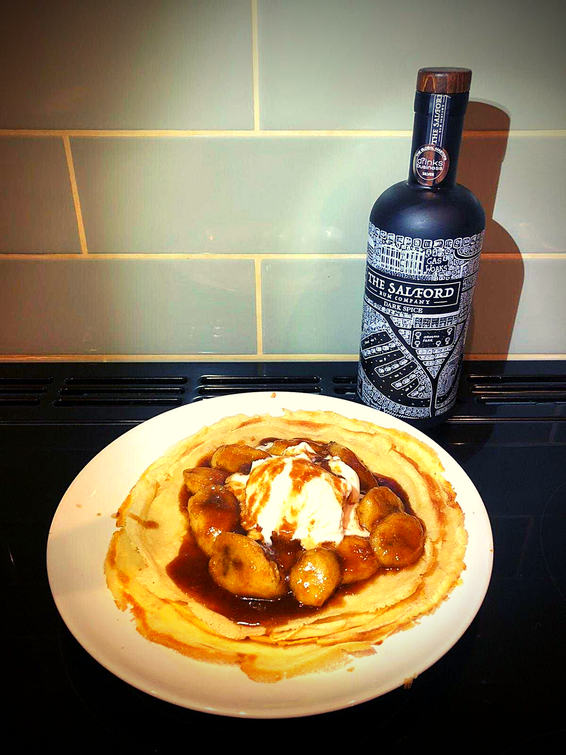 Dark spiced rum pancakes with caramelised banana