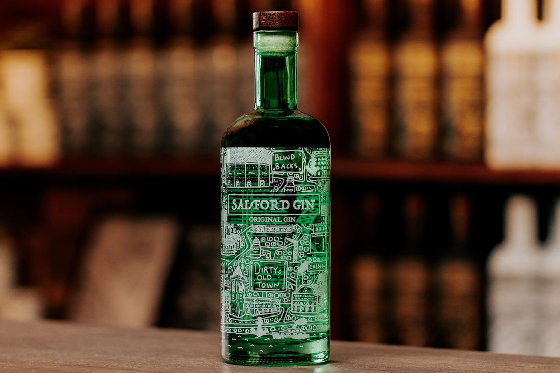 Salford Gin Original Gin bottle with Dirty Old Town illustrated label, distilled at Salford Distillery, Manchester