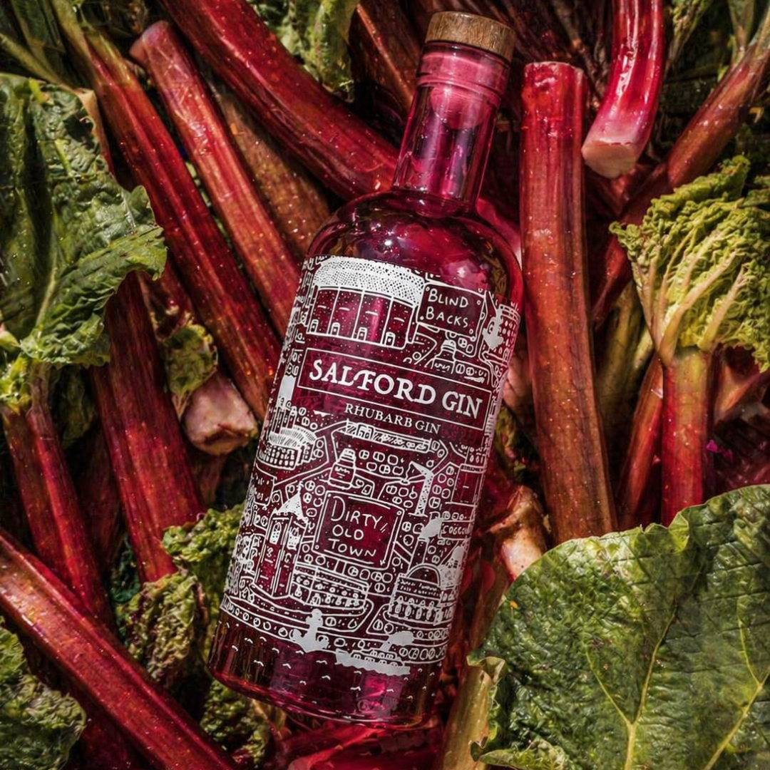 Salford Gin Rhubarb bottle label detail with rhubarb botanicals