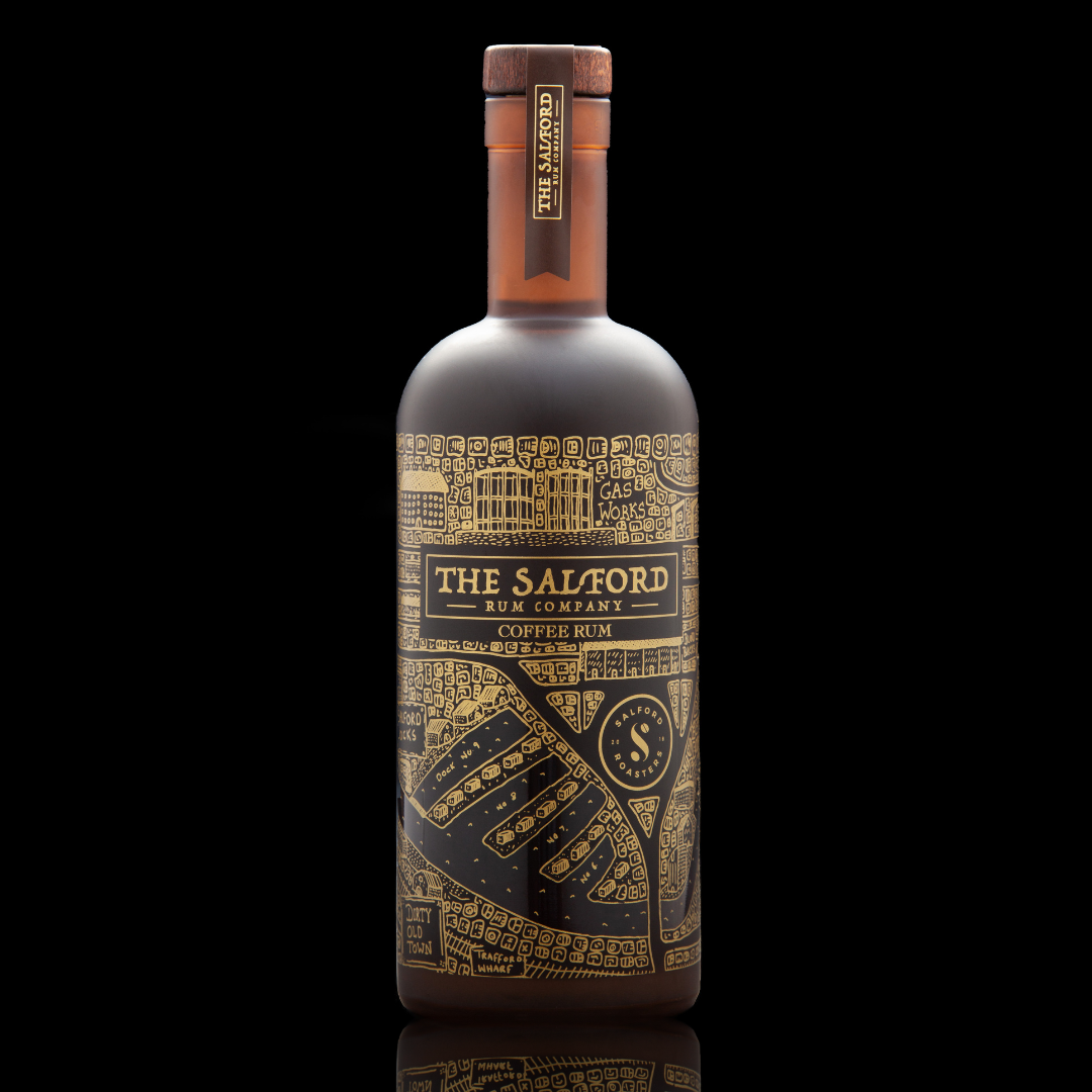 Front view of the Salford Coffee Rum frosted brown glass bottle with gold printed dockland map and wooden stopper.