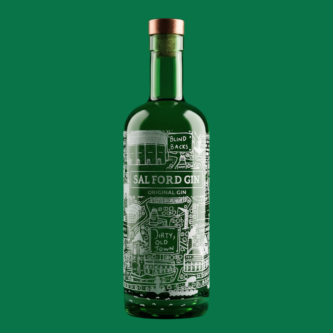 Salford Gin Original Dry 70cl green glass bottle with white Dave Draws map design and wooden stopper.