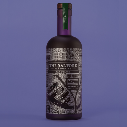 Salford Rum and Black 70cl glass bottle with silver map design against a purple background.