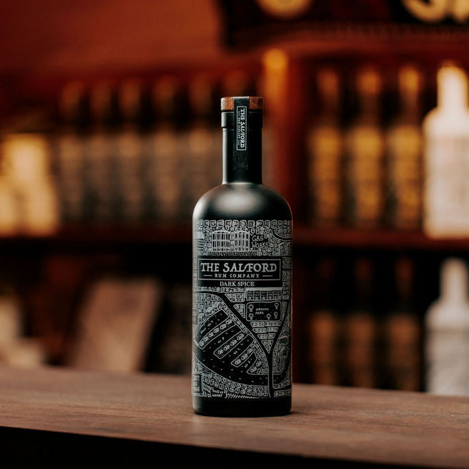 Salford Dark Spiced Rum bottle label close-up