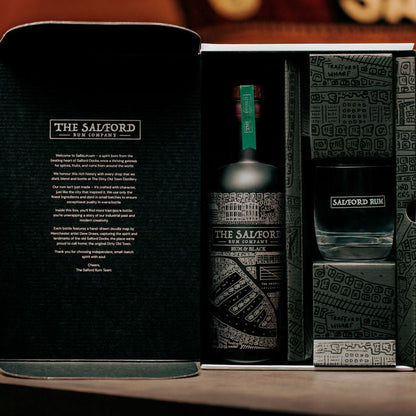 Salford Rum gift set box open showing bottle and mug