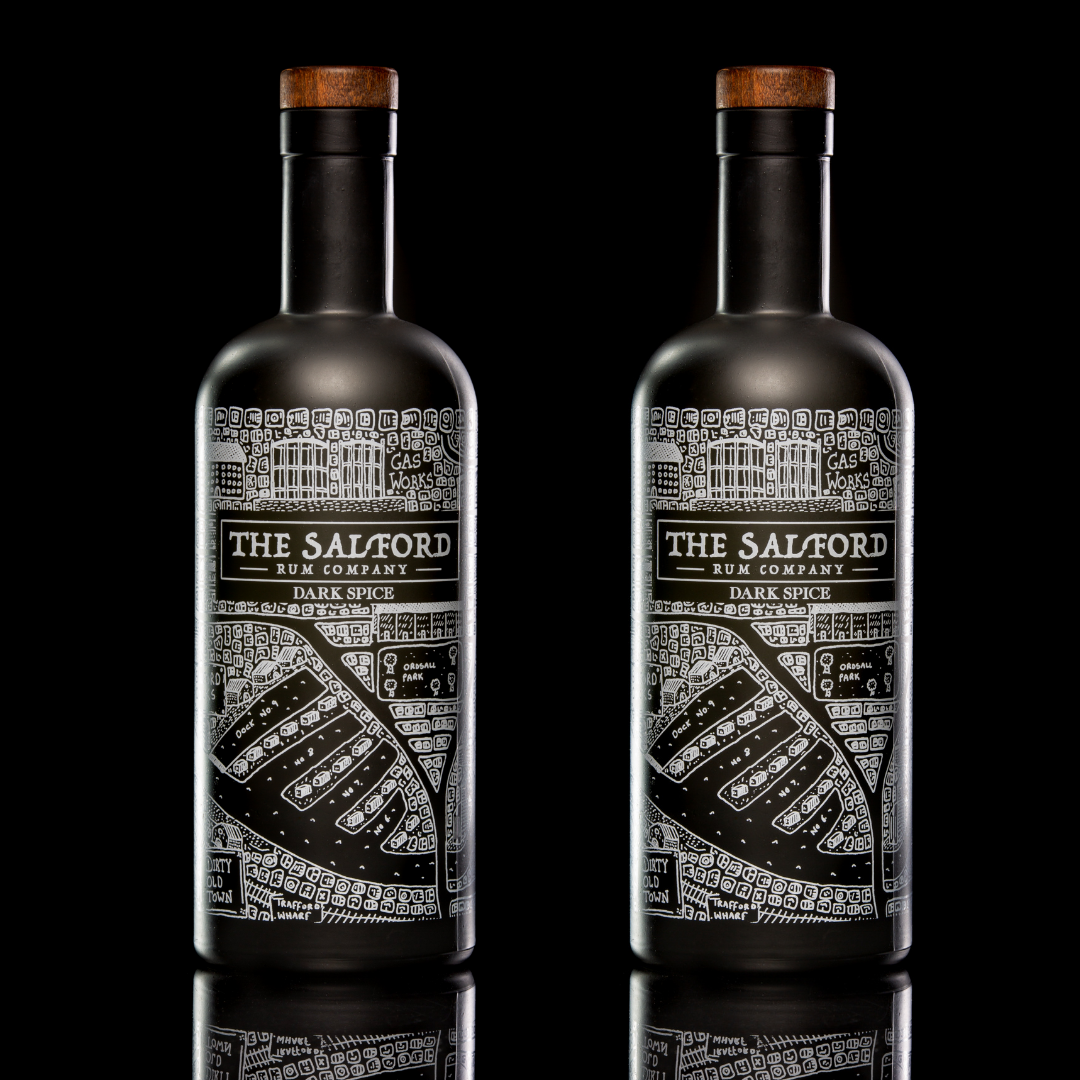 Two Salford Dark Spiced Rum bottles side by side