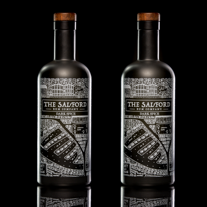 Two Salford Dark Spiced Rum bottles side by side