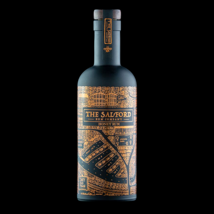 Salford Honey Rum 70cl glass bottle with rose gold map design and wooden stopper.